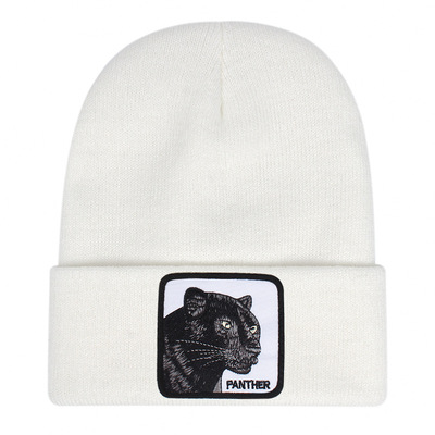 PANTHER Embroidery Beanie Hat Unisex Knit Cuffed Cap Women Men Gift White