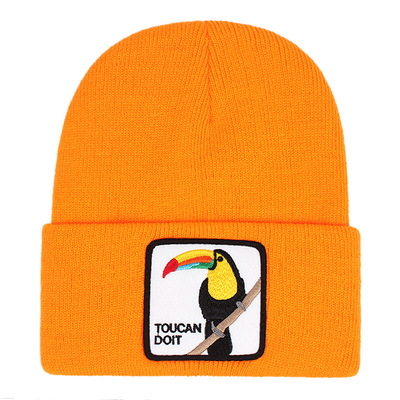 TOUCAN Embroidery Beanie Hat Unisex Knit Cuffed Cap Women Men Gift Orange