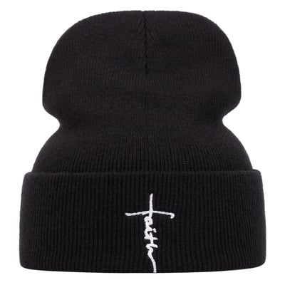 Cross Embroidered Hat Winter Warm Woolen Hat Black
