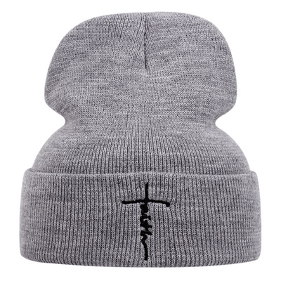 Cross Embroidered Hat Winter Warm Woolen Hat White