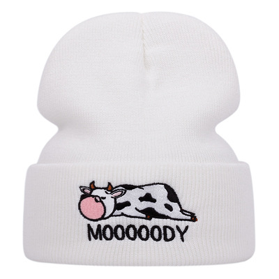 Embroidered Of COW Hat Winter Warm Woolen Hat White