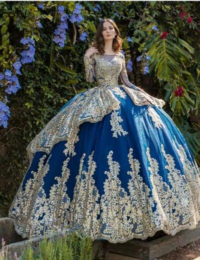 Blue Quinceanera Dresses Long Sleeve Gold Lace Appliqued Sequined Bead Mexican Sweet 15 Gowns Puffy Skirt Vestidos 16 Anos