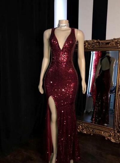 A Line Burgundy Sequin Long Prom Dresses,1077