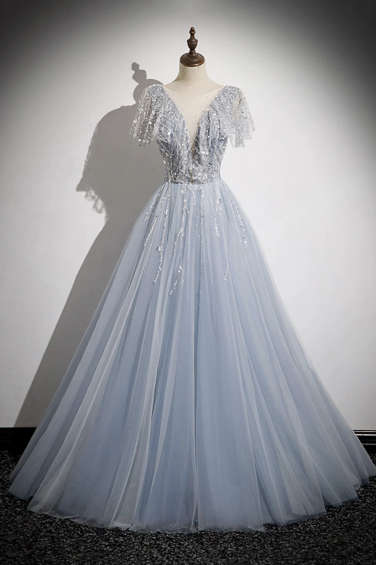 Blue Tulle Sequins Long Prom Dresses, A-Line Evening Dresses