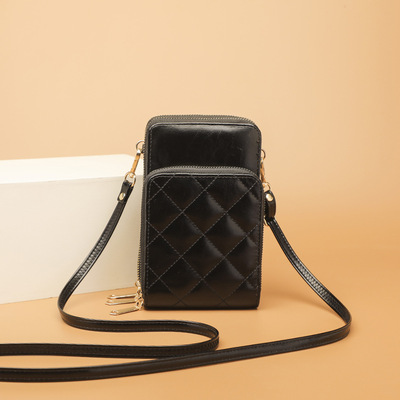 Female Retro Diagonal Cross Phone Bag Three layer Zipper Bag Small Bag Black