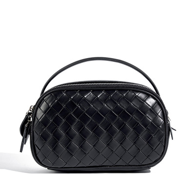 Genuine Leather Knitted Double Zipper Shoulder Crossbody Bag Black