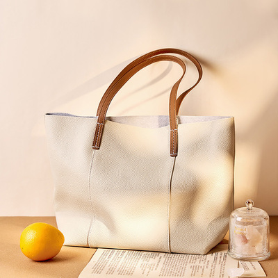 Genuine Leather Women Large Casual Handbag White