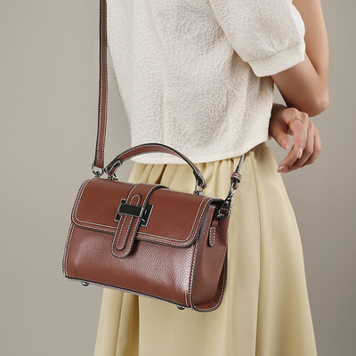 Genuine Leather Women Top-handle Handbags Brown