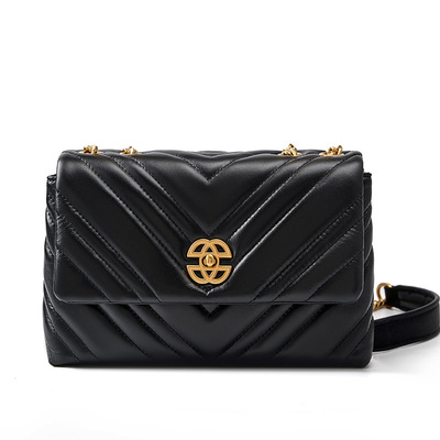 Women Genuine Leather Chain Square Bag Black