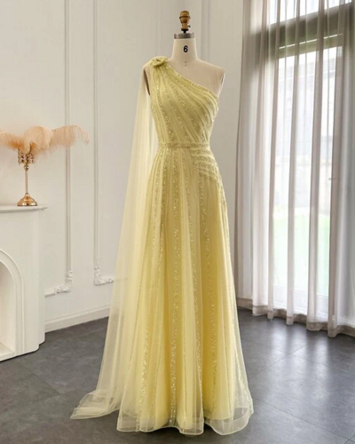 One Shoulder Luxury Yellow Evening Dress with Beading
