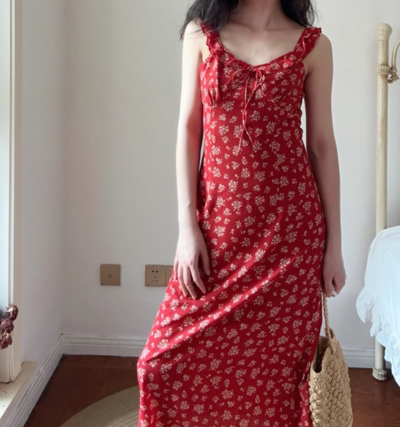 Flying sleeves floral dress seaside long dress summer island vacation suspender dress