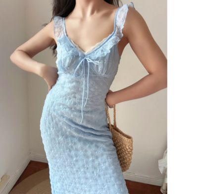 V-neck drawstring ruffled hem slim fit plaid small flying sleeve dress