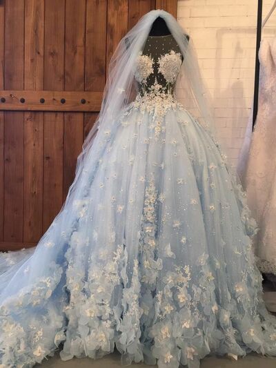 Luxury Ball Gown Blue 3D Handmade Flowers Blue Wedding Dress Bridal Gown Wedding Gown