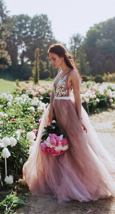 A Line Lace Appliques Coral Wedding Dress Bridal Gown Wedding Gown