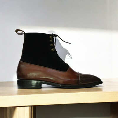 Elegant Handmade Brown Leather & Black Suede Cap Toe Ankle Boots