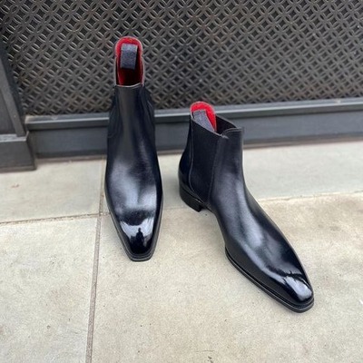Handmade Men Black Calf Leather Chelsea Boot