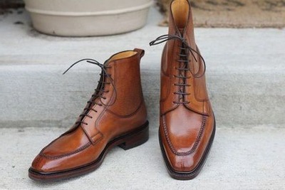 Handmade Men Brown Grain Leather Ankle High Lace up Dress Boot