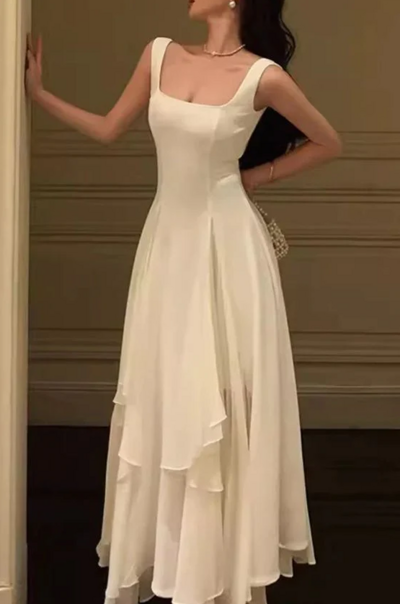 Fashion A Line Square Neck Ankle Length Chiffon Prom Dresses