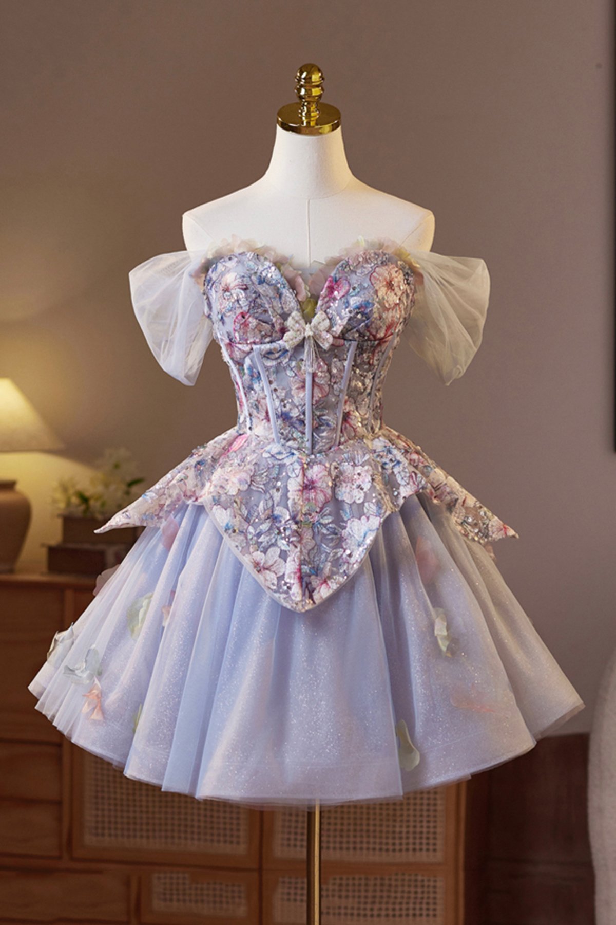 Light Purple Tulle Floral Short A-Line Prom Party Dress