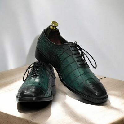 Handmade Men's Sea Green Whole Cut Alligator Texture Oxford Shoes