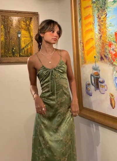 Vintage Green Satin Tea Length Party Dresses