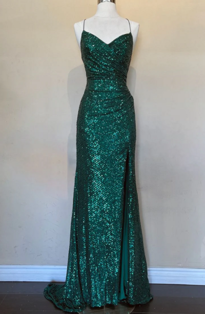 Simple Green Sequin Slit Evening Dresses