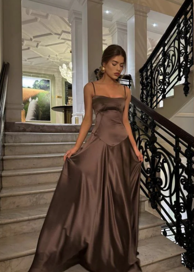 Spaghetti Straps Brown A Line Prom Dresses With Lace Up