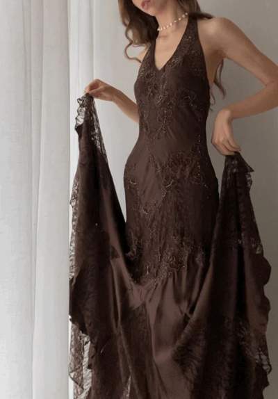 Vintage Halter Mermaid Sleeveless Brown Lace Prom Dresses
