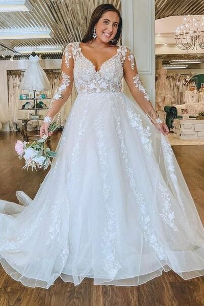Plus Size A Line Lace Appliques Wedding Dress Bridal Gown Wedding Gown