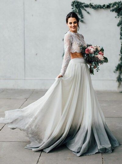 A Line Two Pieces Ombre Gray Long Sleeve Wedding Dress Bridal Gown Wedding Gown