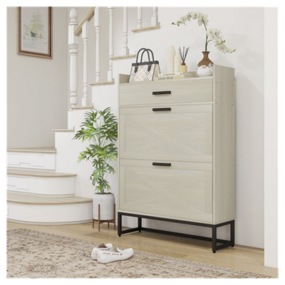 Industrial Shoe Cabinet – 12-Pair Storage, Tilt-Out Drawers & Top Drawer for Accessories – Distressed White