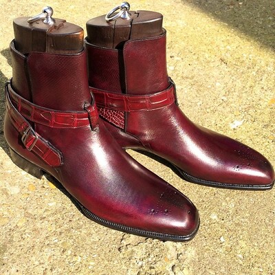 Handmade Men Burgundy Crocodile Strap Leather Jodhpur Boot