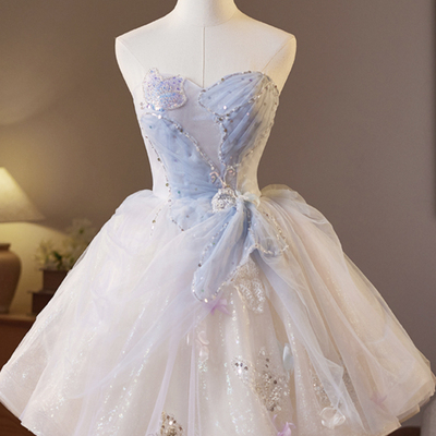 Champagne tulle knee length prom party dress - Thumbnail 2