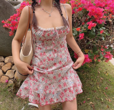 Drawstring bow tie floral print slim fit holiday suspender dress