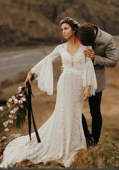 Simple A Line Long Sleeve Lace Beach Boho Wedding Dress Bridal Gown Wedding Gown