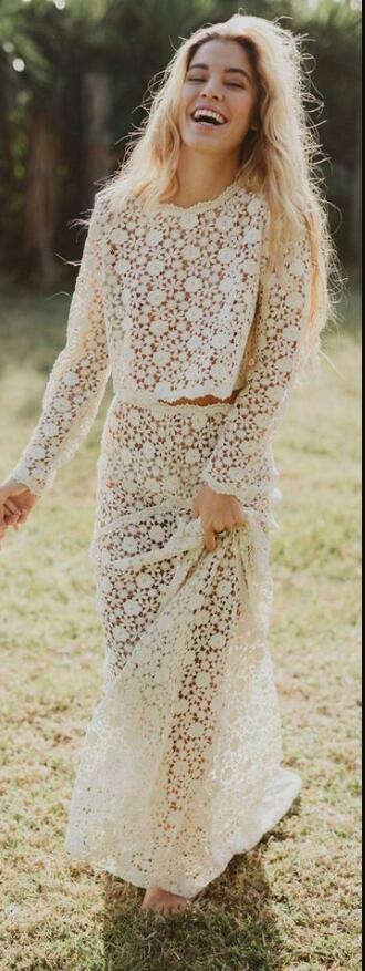 Simple Two Pieces Long Sleeve Lace Beach Boho Wedding Dress Bridal Gown Wedding Gown