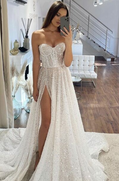 Sparkle A Line Sequins Side Slit Wedding Dress Bridal Gown Wedding Gown