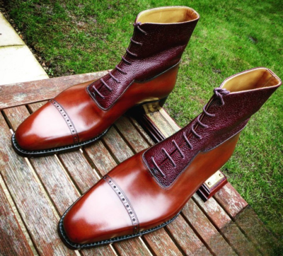 Handmade Men Brown Grain Leather Ankle High Boot