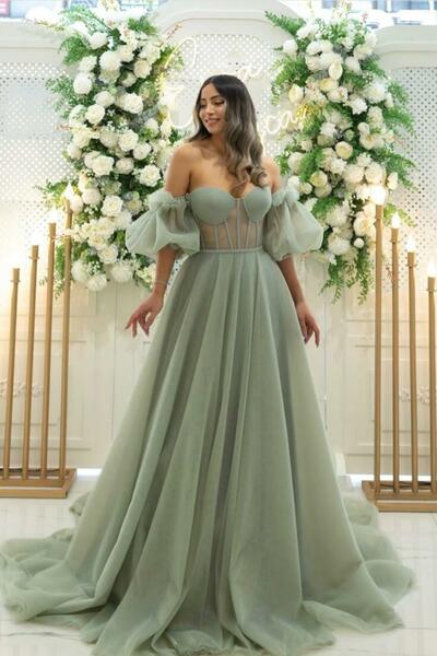 Sage A Line Off the Shoulder Prom Dress Evening Formal Gowns