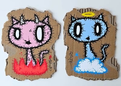 😈😇 Diptych Darwings by Celipe Perrolco "Blue Angel and Pink Demon pets"