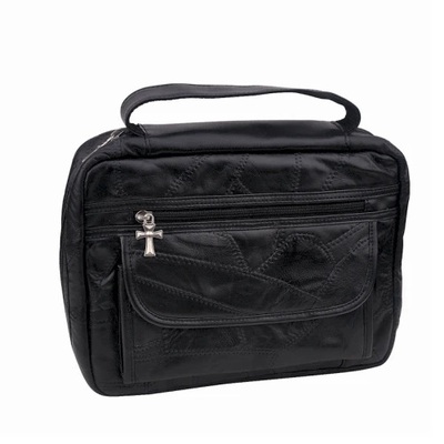 Genuine Leather Bible Cover – Black, Zippered Main Compartment, Front Pockets & Carrying Strap