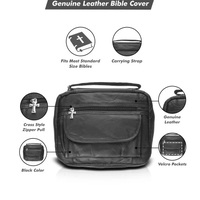 Genuine Leather Bible Cover – Black, Zippered Main Compartment, Front Pockets & Carrying Strap - Thumbnail 1
