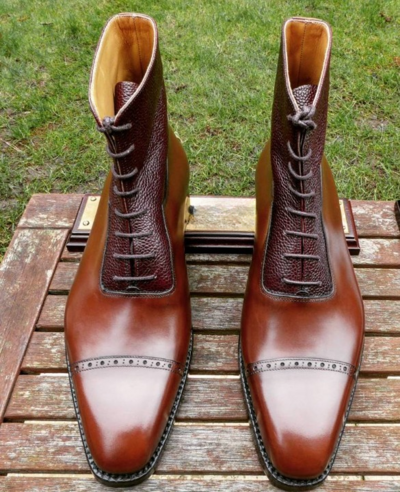 Handmade Men Brown Grain Leather Ankle High Boot