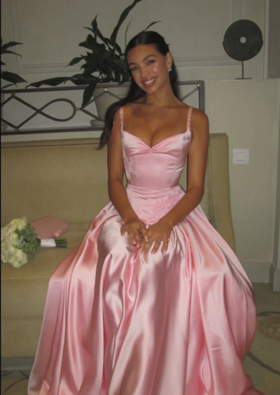 Spaghetti Straps Pink A Line Appliques Satin Evening Dresses