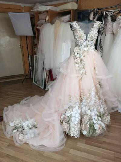 A-line Pink Wedding Gown Wedding Dress, Appliques Tulle Wedding Gown Bridal Dress