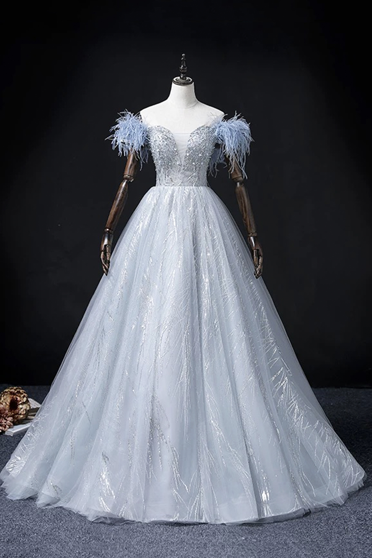 Blue Tulle Beads Long A-Line Prom Party Dress