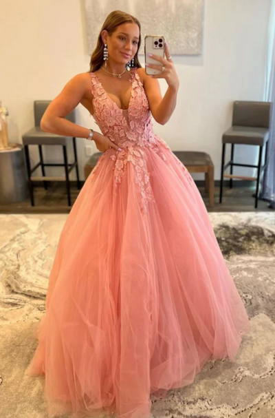 Princess A Line V Neck Pink Long Prom Dress with Lace Appliques