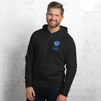 Unisex hoodie, black, embroidered NOAA Fisheries on chest, printed artwork on back