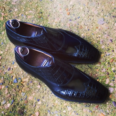 Handmade men black calf crocodile leather wingtip loafers dress shoes - Thumbnail 3