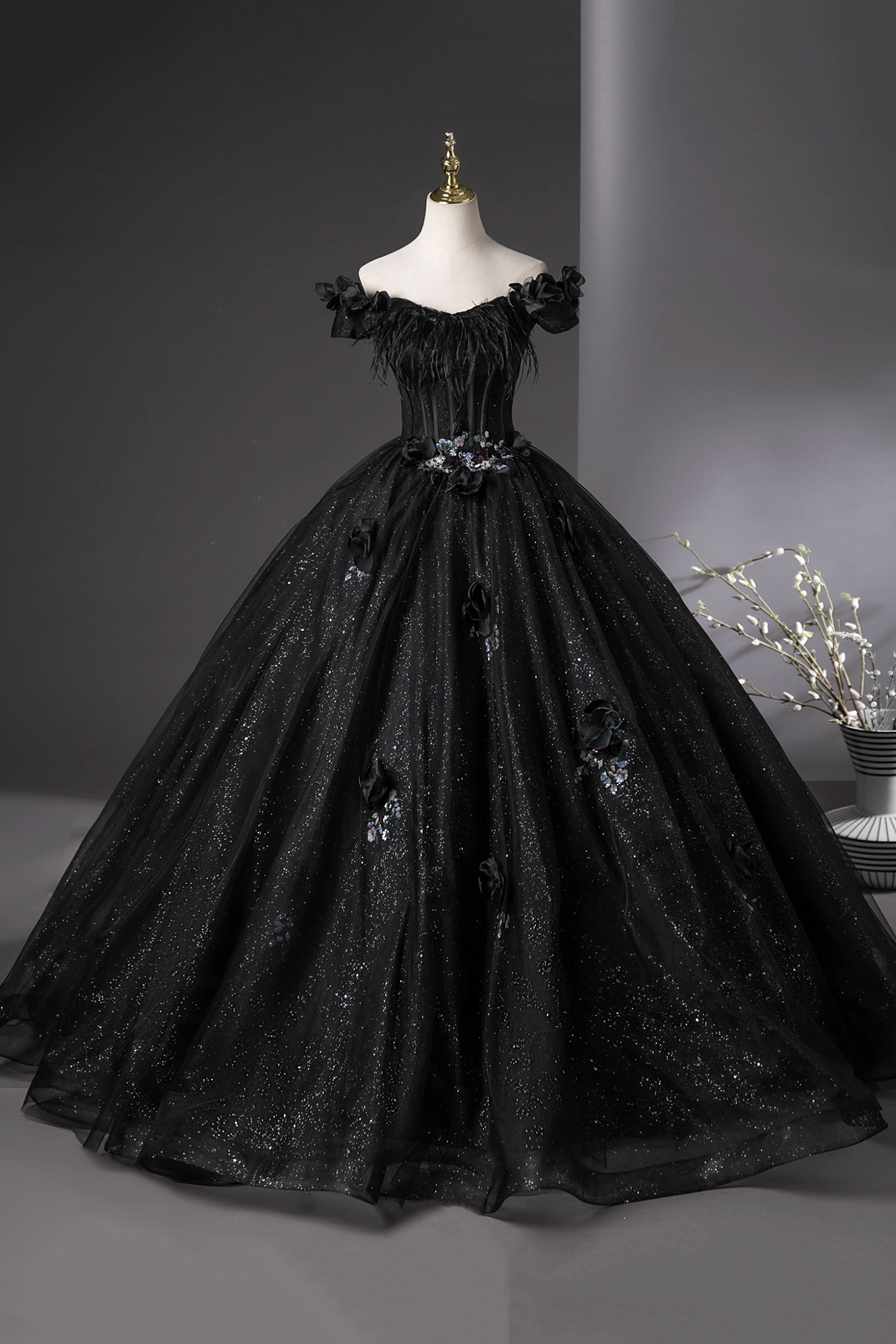 Black Glitter Tulle Long A-Line Prom Party Dress